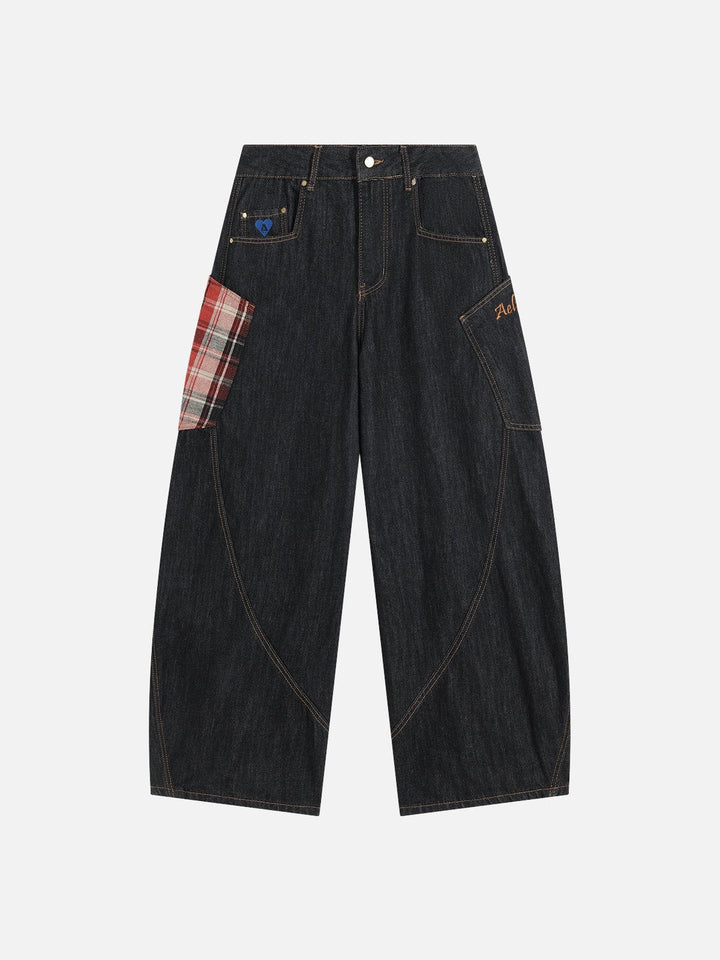 Plaid Detail Wide Jeans
