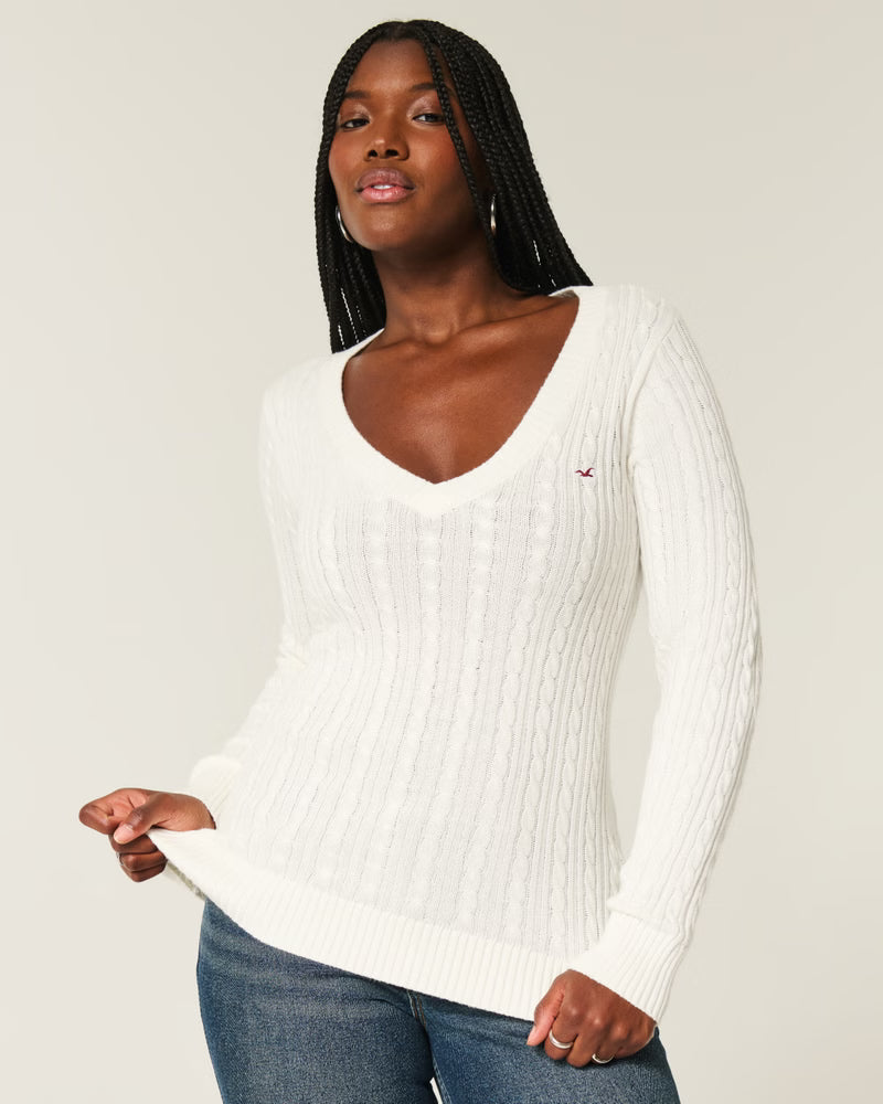 Cable-Knit Classic V-Neck Sweater