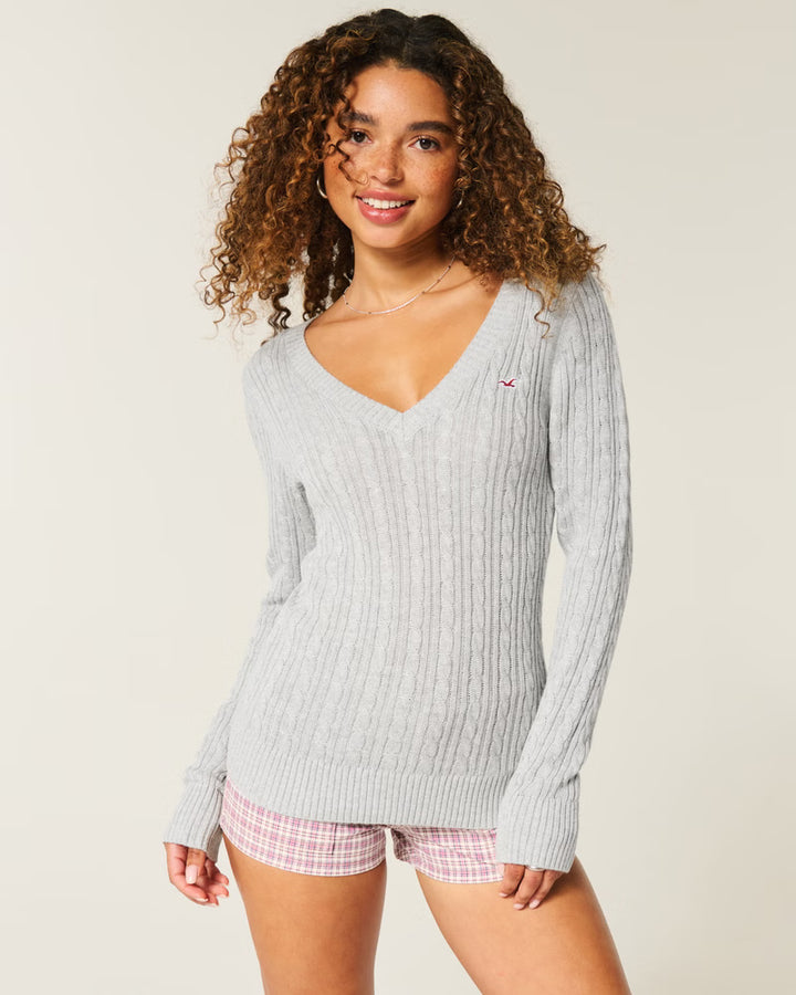 Cable-Knit Classic V-Neck Sweater