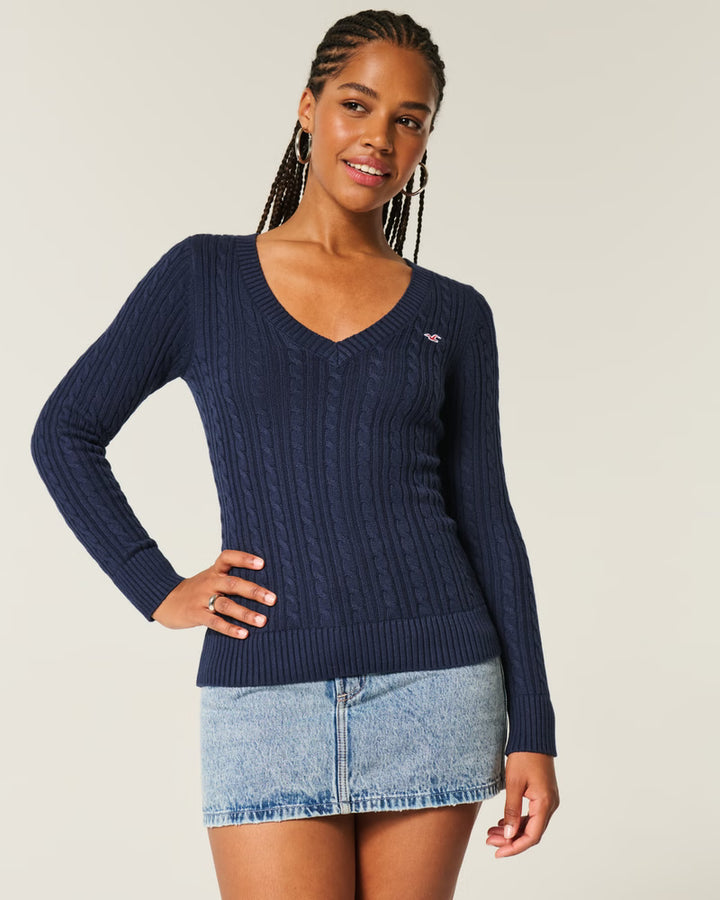 Cable-Knit Classic V-Neck Sweater