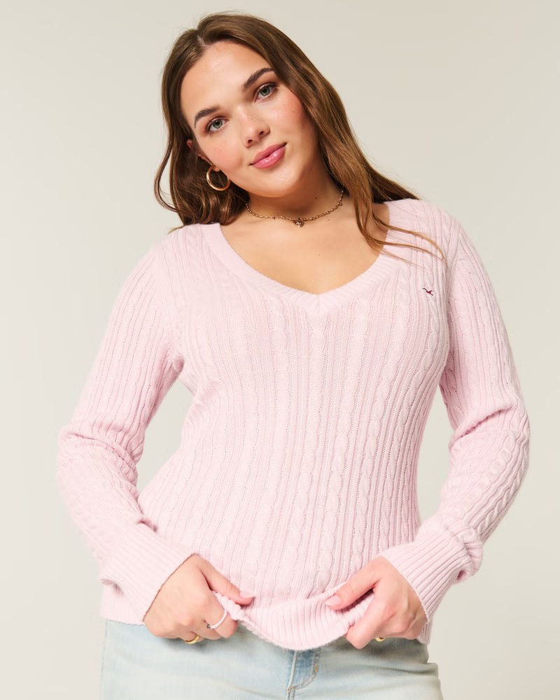 Cable-Knit Classic V-Neck Sweater