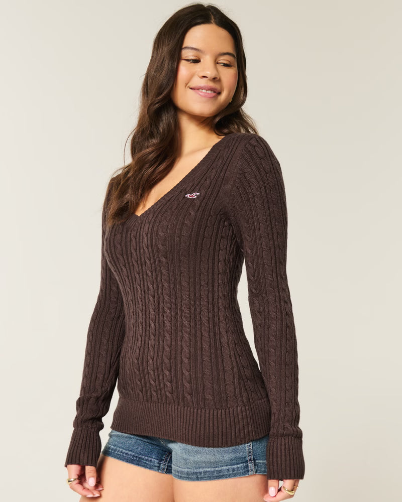 Cable-Knit Classic V-Neck Sweater