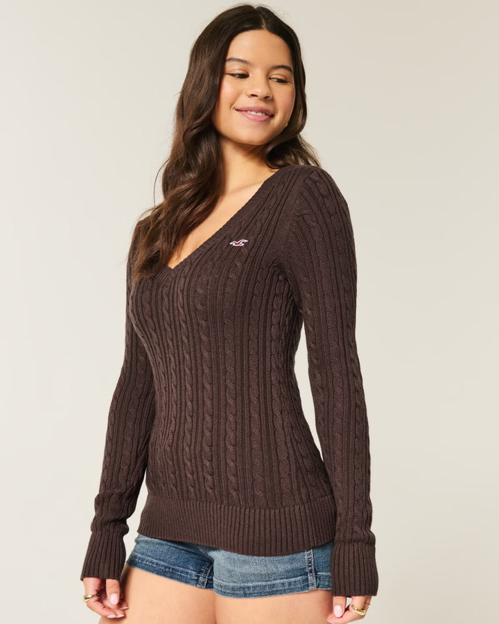 Cable-Knit Classic V-Neck Sweater