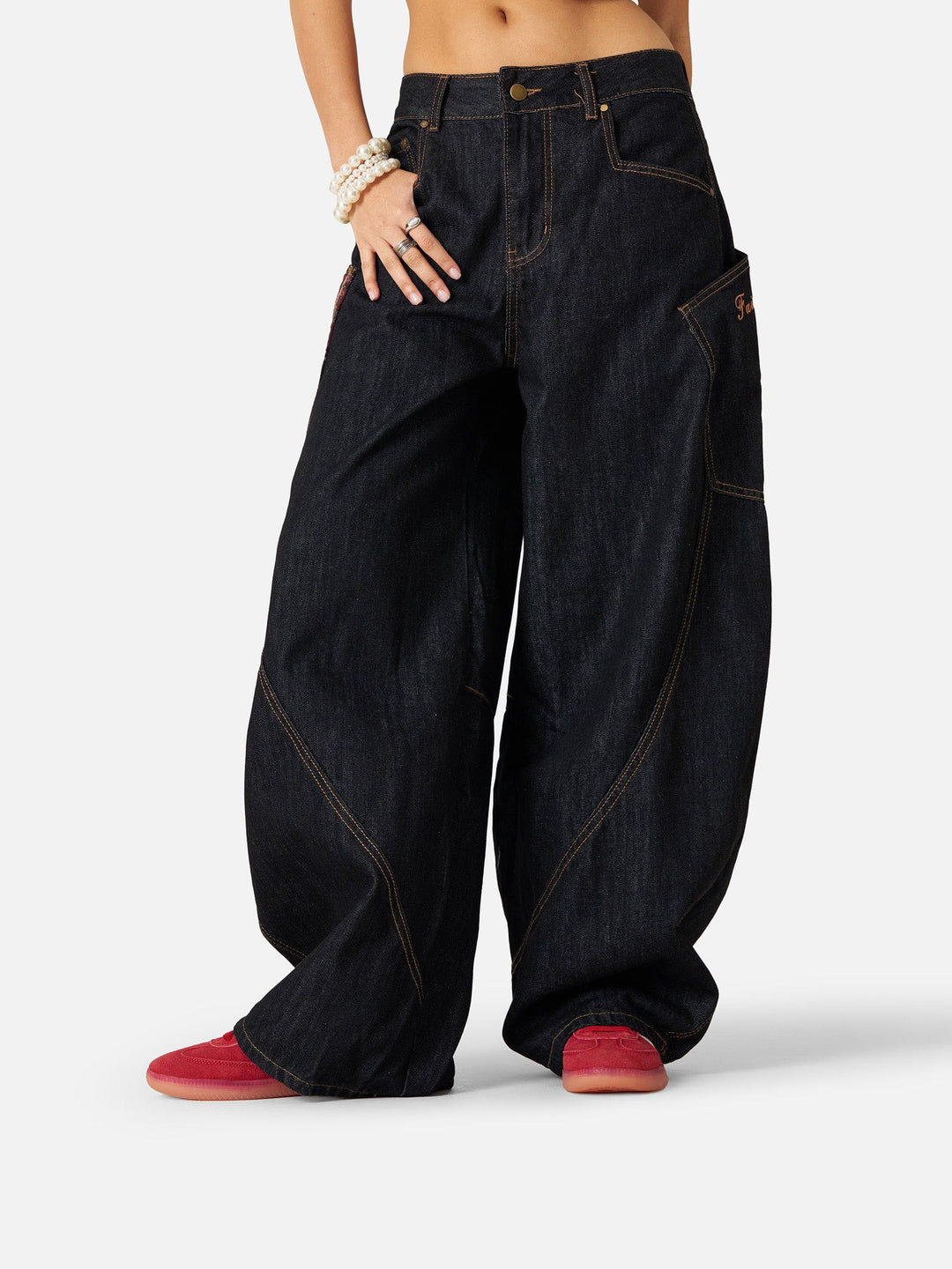 Plaid Detail Wide Jeans